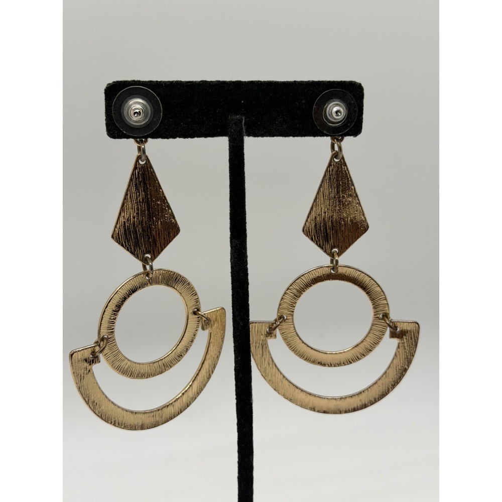 Gold Tone Geometric Art Deco Drop Earrings Textured Statement Jewelry